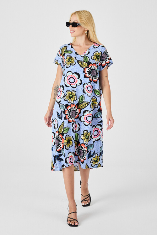 Bebe Mavi Derin V Yaka Çiçek Desenli Midi Boy Elbise BCVL-254005