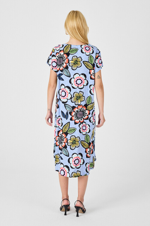 Bebe Mavi Derin V Yaka Çiçek Desenli Midi Boy Elbise BCVL-254005