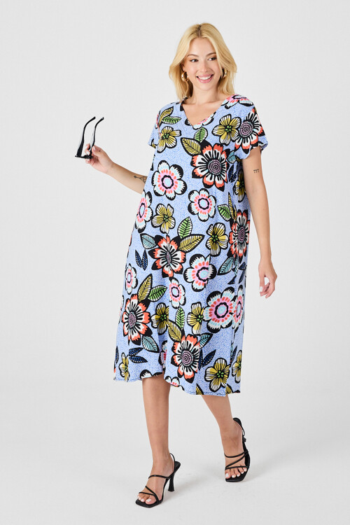 Bebe Mavi Derin V Yaka Çiçek Desenli Midi Boy Elbise BCVL-254005