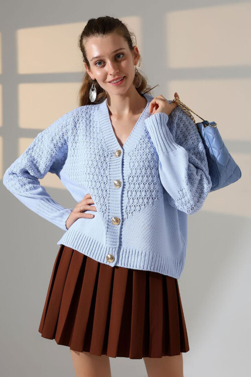 Bebe Mavi Motif Desenli Düğmeli Triko Hırka BCES-252027