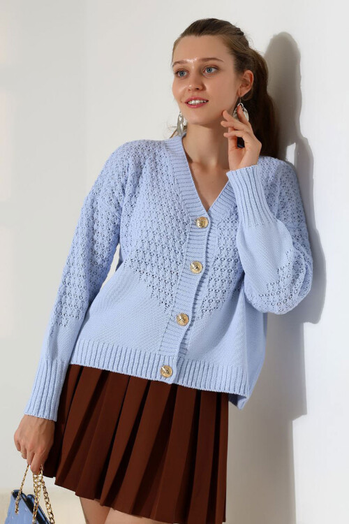 Bebe Mavi Motif Desenli Düğmeli Triko Hırka BCES-252027