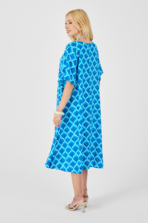 Bebe Mavi U Yaka Kısa Kollu Midi Boy Desenli Elbise BCVL-254010