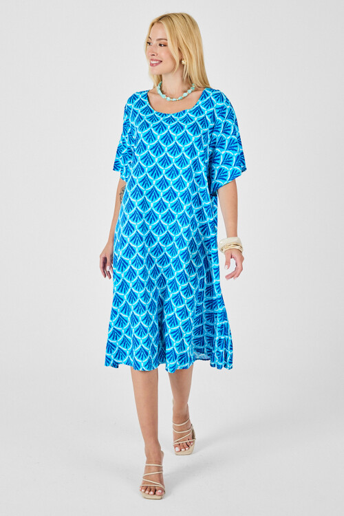 Bebe Mavi U Yaka Kısa Kollu Midi Boy Desenli Elbise BCVL-254010