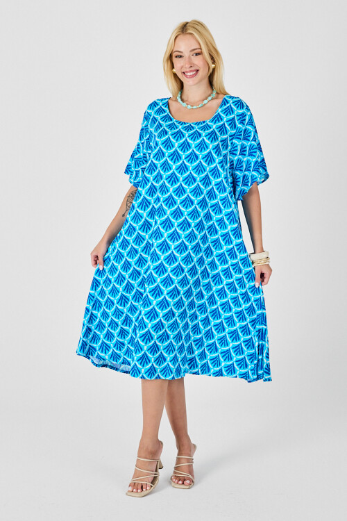 Bebe Mavi U Yaka Kısa Kollu Midi Boy Desenli Elbise BCVL-254010