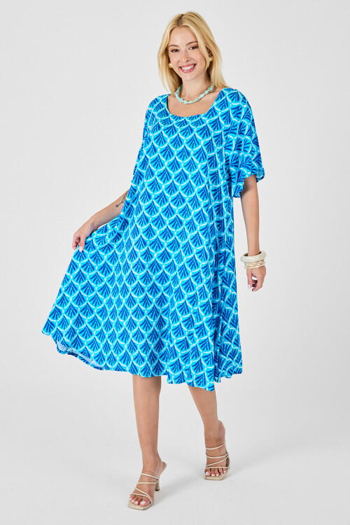 Bebe Mavi U Yaka Kısa Kollu Midi Boy Desenli Elbise BCVL-254010