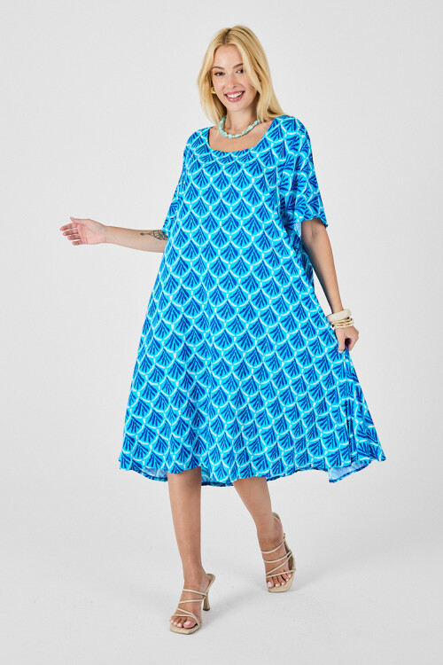 Bebe Mavi U Yaka Kısa Kollu Midi Boy Desenli Elbise BCVL-254010