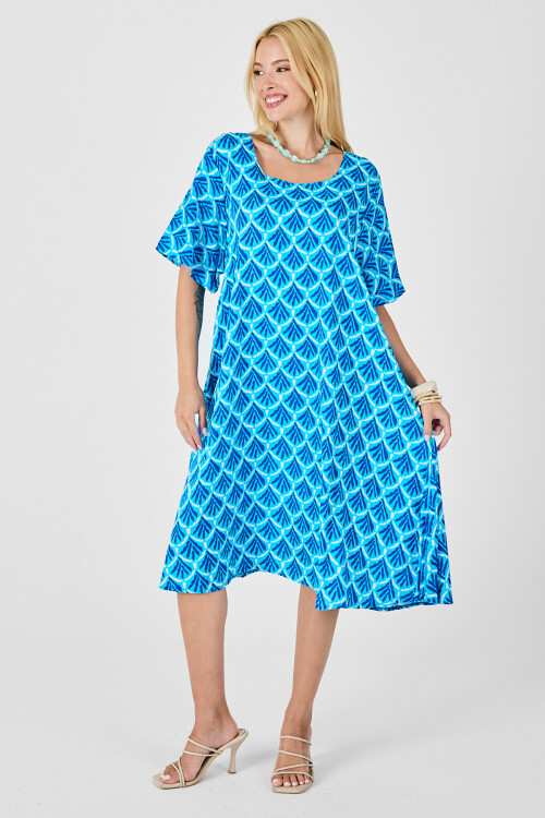 Bebe Mavi U Yaka Kısa Kollu Midi Boy Desenli Elbise BCVL-254010
