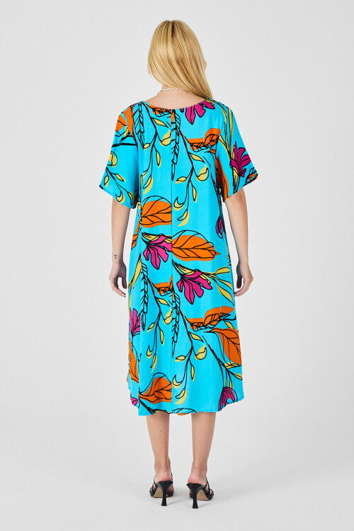 Bebe Mavi Yaprak Desenli U Yaka Kısa Kollu Midi Boy Elbise BCVL-254011