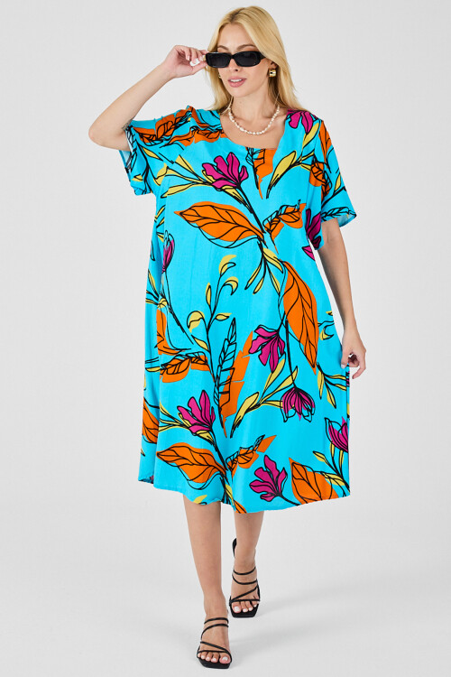 Bebe Mavi Yaprak Desenli U Yaka Kısa Kollu Midi Boy Elbise BCVL-254011