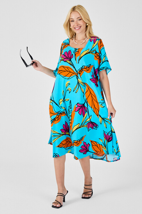 Bebe Mavi Yaprak Desenli U Yaka Kısa Kollu Midi Boy Elbise BCVL-254011