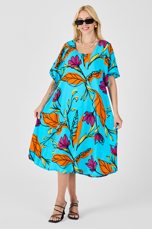 Bebe Mavi Yaprak Desenli U Yaka Kısa Kollu Midi Boy Elbise BCVL-254011