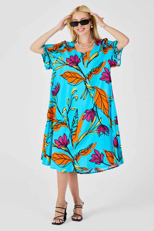 Bebe Mavi Yaprak Desenli U Yaka Kısa Kollu Midi Boy Elbise BCVL-254011