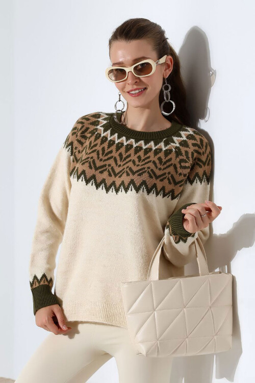 Bej Bisiklet Yaka Kar Desenli Triko Kazak BCES-252028