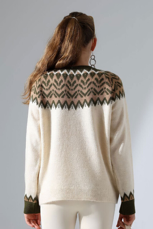 Bej Bisiklet Yaka Kar Desenli Triko Kazak BCES-252028