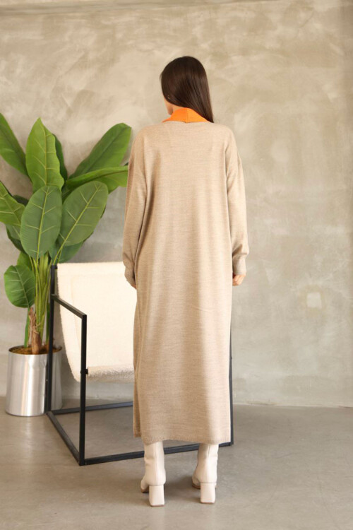 Bej Bisiklet Yaka Triko Elbise BCES-252024