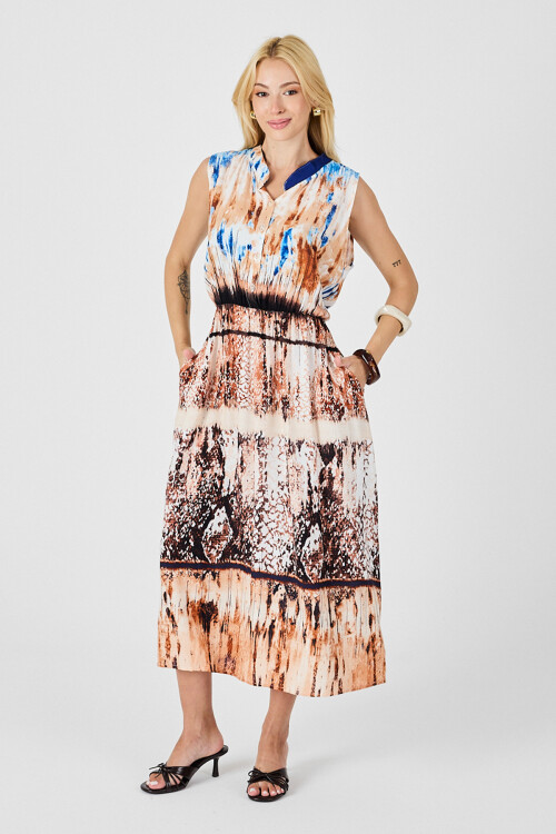 Bej Çentik Yaka Düğmeli Desenli Kolsuz Midi Elbise BCVL-254025