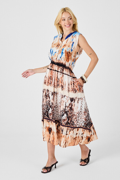 Bej Çentik Yaka Düğmeli Desenli Kolsuz Midi Elbise BCVL-254025