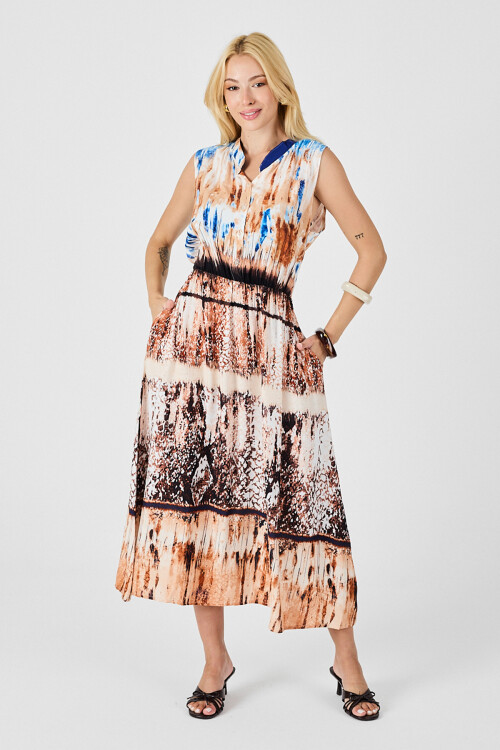 Bej Çentik Yaka Düğmeli Desenli Kolsuz Midi Elbise BCVL-254025