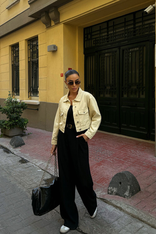 Bej Çift Cep Denim Crop Ceket BCDF-255419