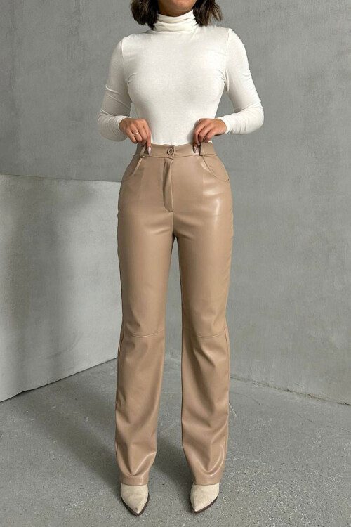 Bej Çift Cepli Fit Kesim Suni Deri Pantolon BCHN-25267542