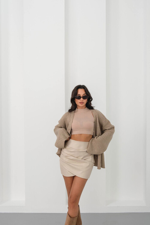 Bej Drapeli Deri Etek BC231013