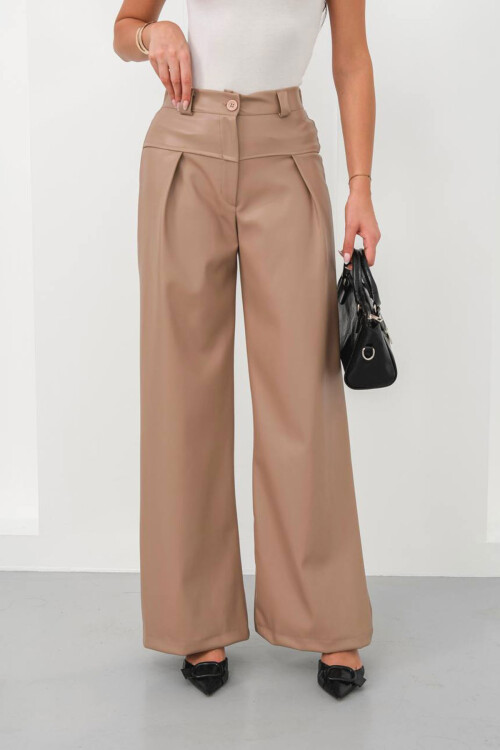 Bej Geniş Paça Suni Deri Pantolon BCHN-25263644