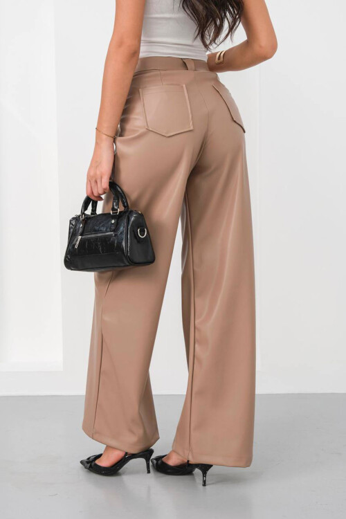 Bej Geniş Paça Suni Deri Pantolon BCHN-25263644