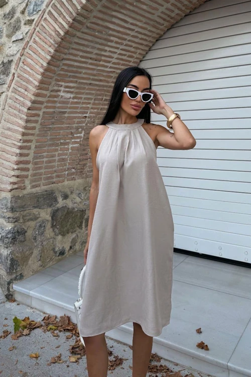 Bej Gizli Cepli Yazlık Keten Dokuma Elbise BCDF-25255029