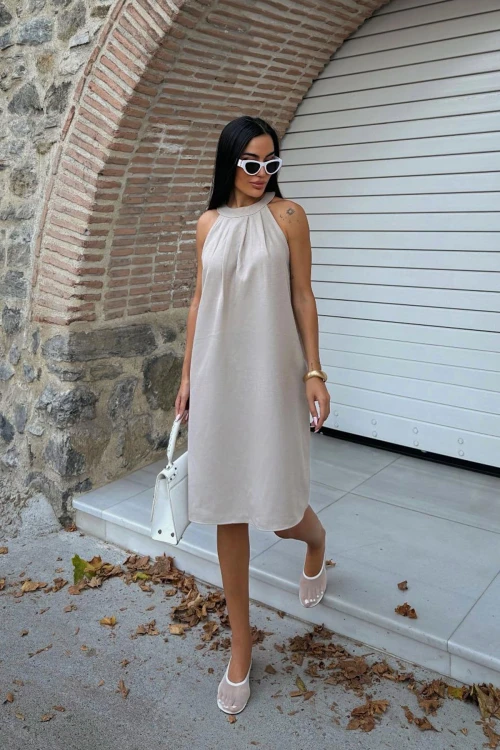 Bej Gizli Cepli Yazlık Keten Dokuma Elbise BCDF-25255029