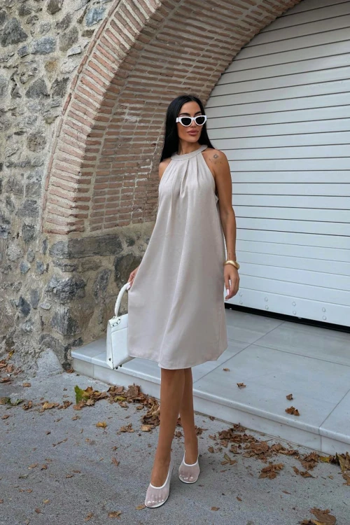 Bej Gizli Cepli Yazlık Keten Dokuma Elbise BCDF-25255029