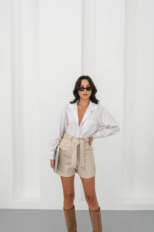 Bej Kuşaklı Geniş Cepli Şort BCHN-25260086