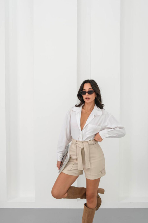 Bej Kuşaklı Geniş Cepli Şort BCHN-25260086