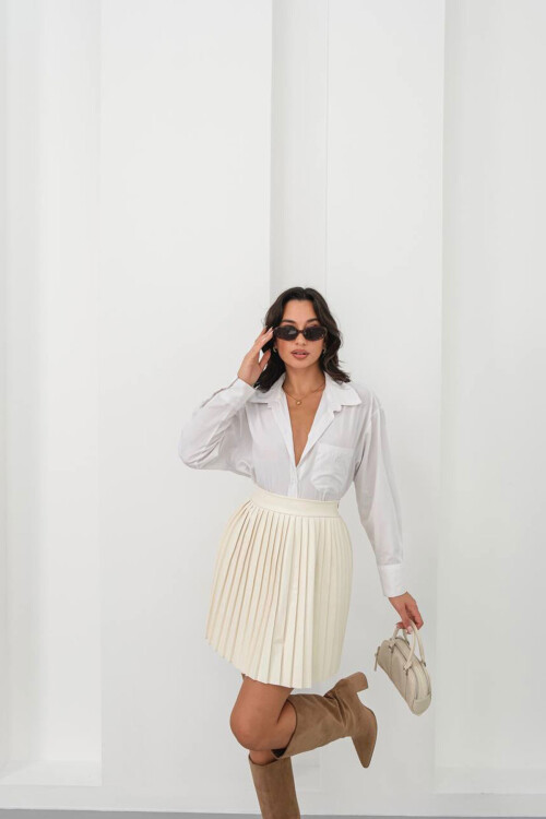 Bej Piliseli Yüksek Bel Etek BCHN-25261564