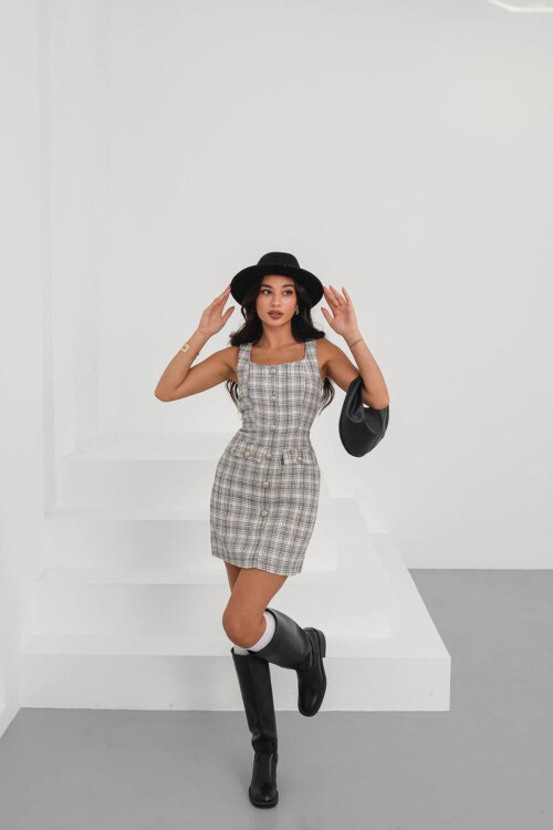 Bej Siyah Kare Yaka  Düğme Detaylı Tüvit Kumaş Elbise BCHN-25265007