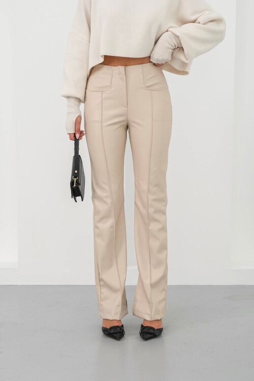 Bej Yüksek Bel Yırtmaçlı Suni Deri Pantolon BCHN-25265099