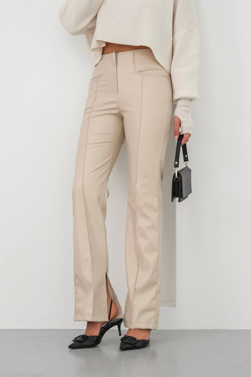 Bej Yüksek Bel Yırtmaçlı Suni Deri Pantolon BCHN-25265099