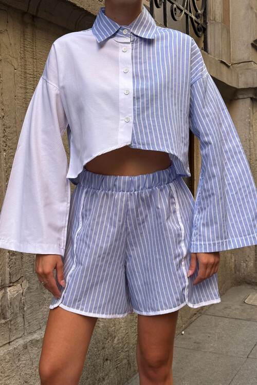 Beyaz Çizgili İspanyol Kol Spor Şık Tasarım Etek Şort Gömlek Takım BCPK-25MMYG1348