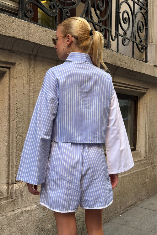 Beyaz Çizgili İspanyol Kol Spor Şık Tasarım Etek Şort Gömlek Takım BCPK-25MMYG1348