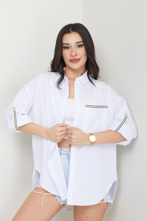 Beyaz Şerit Detaylı Tek Cepli Pamuk Dokuma Gömlek BCAYN-251949