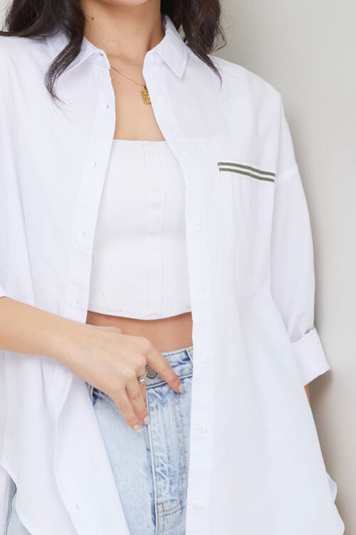Beyaz Şerit Detaylı Tek Cepli Pamuk Dokuma Gömlek BCAYN-251949