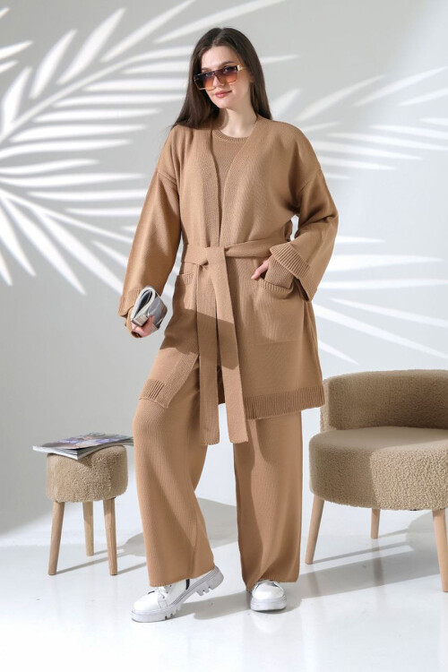 Bisküvi Bisiklet Yaka Bluz, Hırka Ve Pantolon 3 Lü Triko Takım BCES-252041