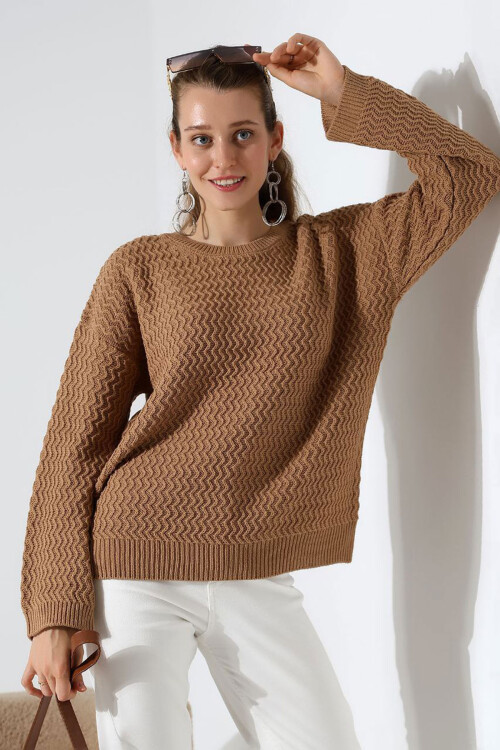 Bisküvi Bisiklet Yaka Su Yolu Desenli Triko Kazak BCES-252008