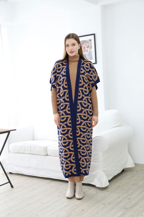 Bisküvi Boğazlı Triko Elbise Ve Uzun Desenli Hırka Alt Üst Takım BCES-252040