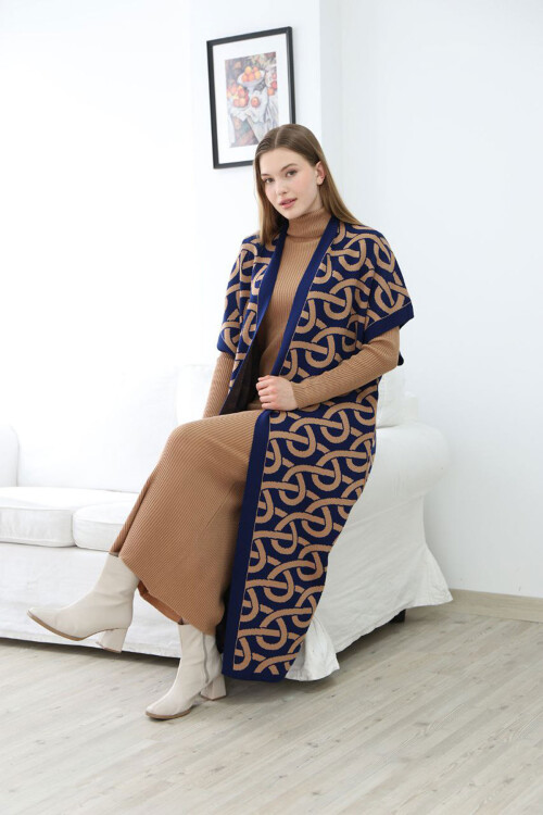 Bisküvi Boğazlı Triko Elbise Ve Uzun Desenli Hırka Alt Üst Takım BCES-252040