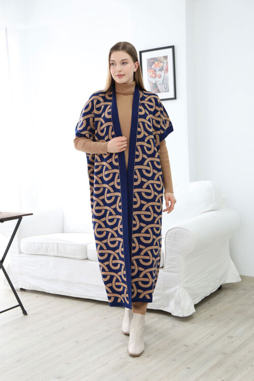 Bisküvi Boğazlı Triko Elbise Ve Uzun Desenli Hırka Alt Üst Takım BCES-252040