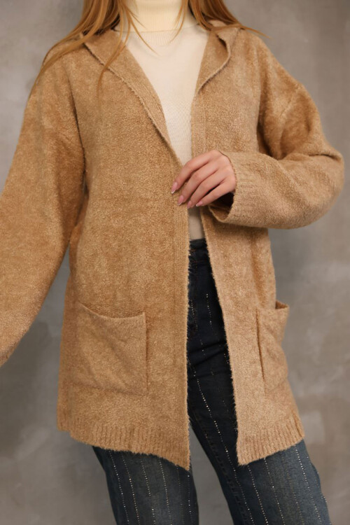 Bisküvi Kapüşonlu Çift Cepli Yumuşak Dokulu Triko Hırka BCES-252016