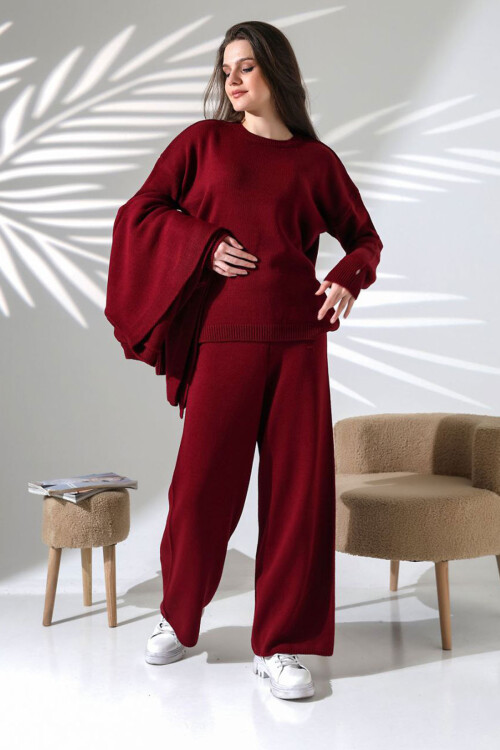 Bordo Bisiklet Yaka Bluz, Hırka Ve Pantolon 3 Lü Triko Takım BCES-252041