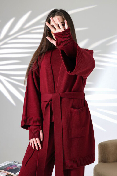 Bordo Bisiklet Yaka Bluz, Hırka Ve Pantolon 3 Lü Triko Takım BCES-252041