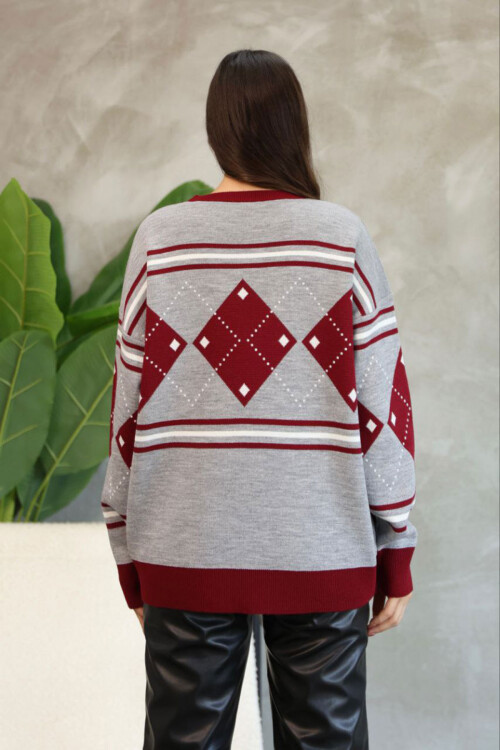 Bordo Bisiklet Yaka Desenli Triko Kazak BCES-252015