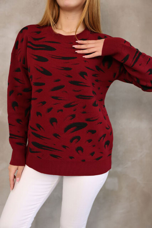 Bordo Bisiklet Yaka Desenli Triko Kazak BCES-252032